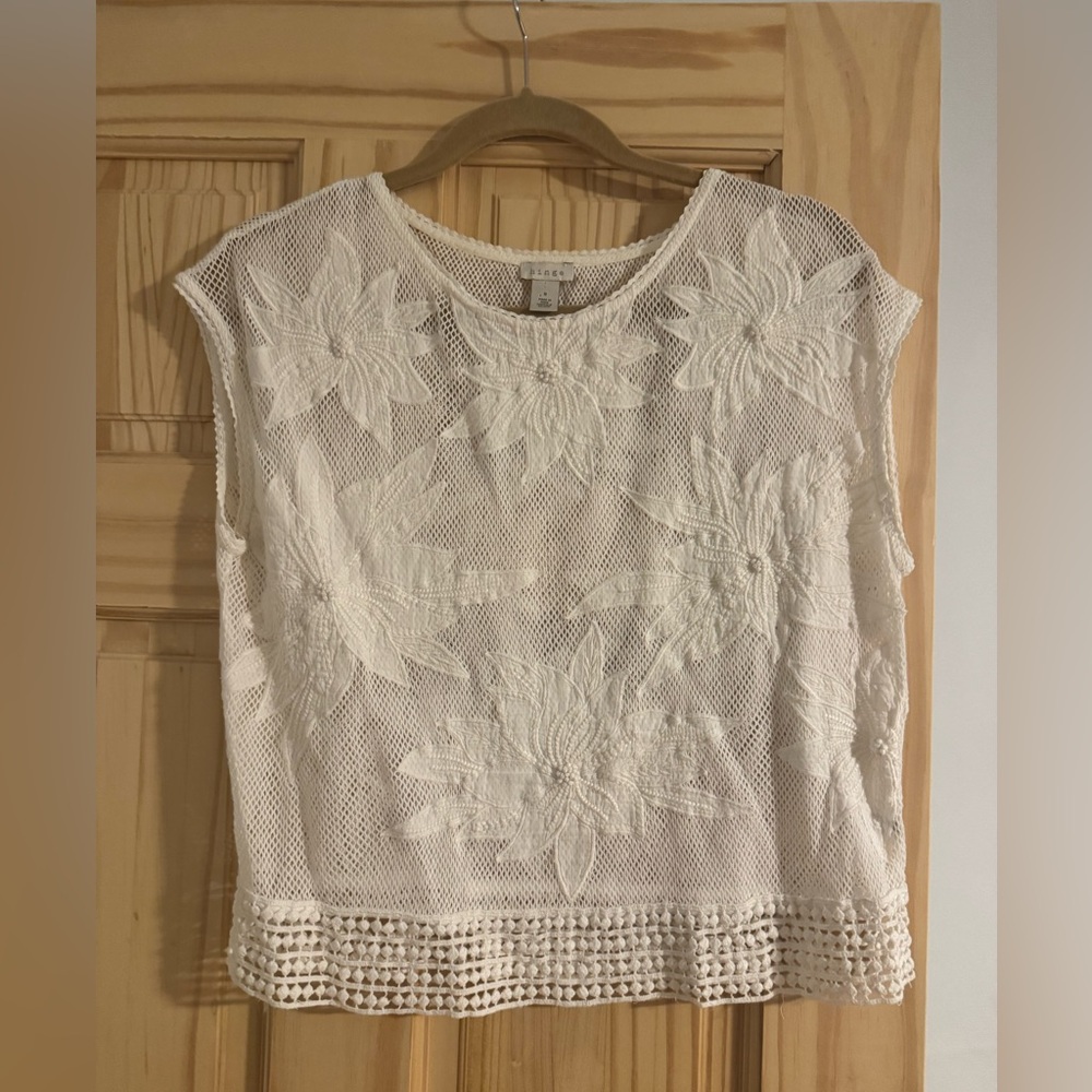 hinge White Crochet Floral Overlay Tank